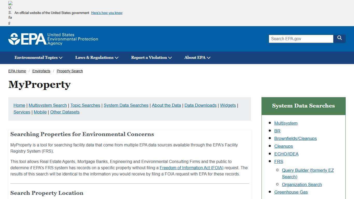 Property Search | Envirofacts | US EPA